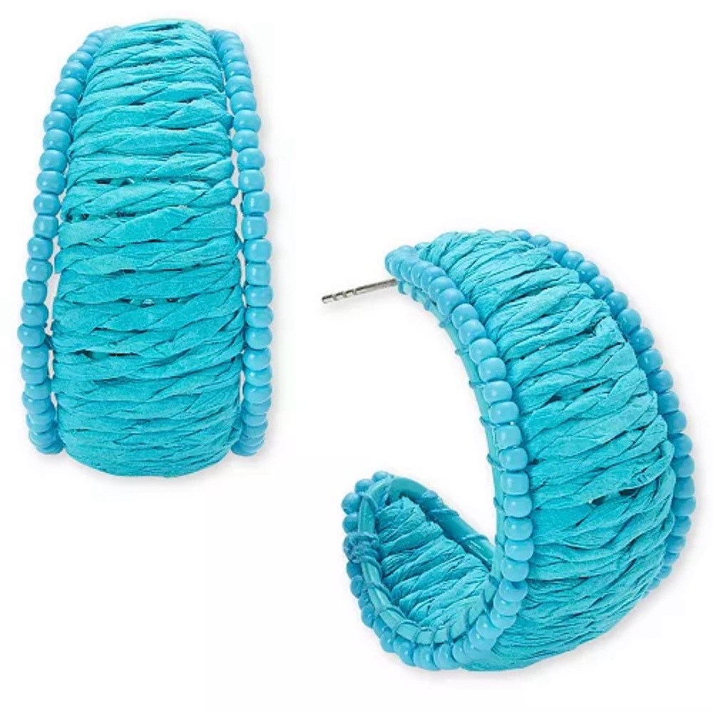 New 🆕 Macy’s On 34th Turquoise Seed Bead Raffia C Hoop Earrings